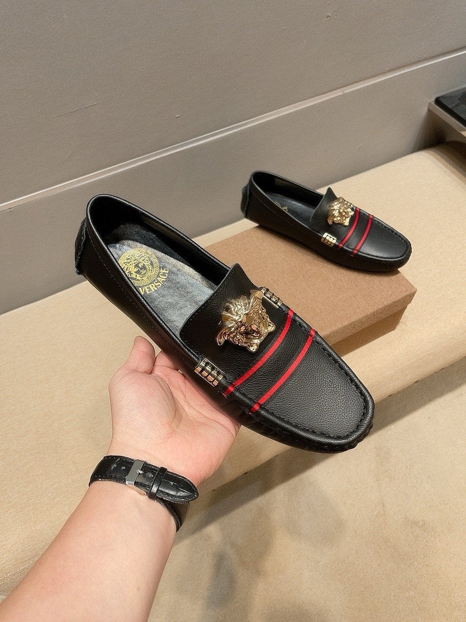 Versace Black Red Stripe Slip-On Loafers — front