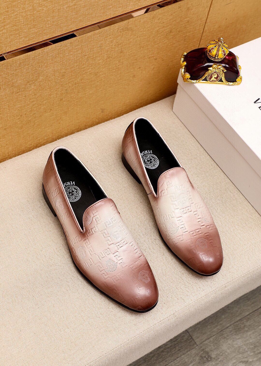 Versace Embossed Leather Slip-On Shoes — front